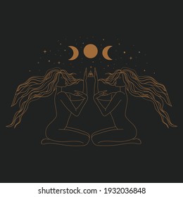 Mujer sagrada o mágica y símbolos místicos. Ilustración vectorial plana. Ornamenta a dos hermosas chicas en una pose de yoga. Meditación de Lotus. Tarjeta internacional del día del yoga. Ilustración vectorial.