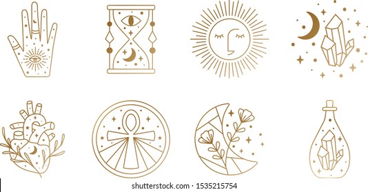 Sacred Witch and Mystical Symbols in Vector featuring hour glass, sun, heart, crystal, hand, moon, Ankh