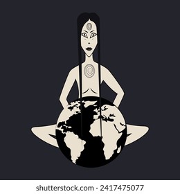 Sacred witch or sorceress, universe girl with a spiral of life with planet Earth in her hands. Beautiful goddess in a yoga pose. Postcard for International Yoga Day. Esoteric vector illustration
