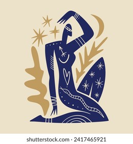 Sacred woman in Matisse style, meditating magic Reiki silhouette drawing, Bali moon wild young girl moon child.