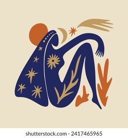 Sacred woman in Matisse style, meditating magic Reiki silhouette drawing, Bali moon wild young girl moon child.