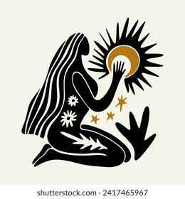 Sacred woman in Matisse style, meditating magic Reiki silhouette drawing, Bali moon wild young girl moon child.