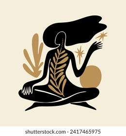 Sacred woman in Matisse style, meditating magic Reiki silhouette drawing, Bali moon wild young girl moon child.