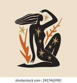 Sacred woman in Matisse style, meditating magic Reiki silhouette drawing, Bali moon wild young girl moon child.