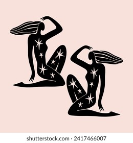 Sacred woman in Matisse style, meditating magic Reiki silhouette drawing, Bali moon wild young girl moon child.