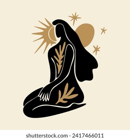 Sacred woman in Matisse style, meditating magic Reiki silhouette drawing, Bali moon wild young girl moon child.