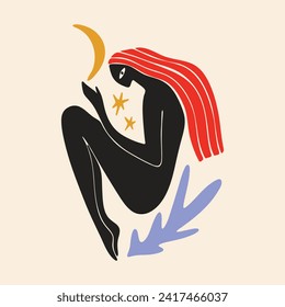 Mujer sagrada al estilo de Matisse, meditando en el dibujo de silueta mágica de Reiki, niña de luna salvaje de la luna de Bali.