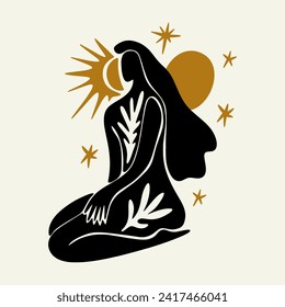 Sacred woman in Matisse style, meditating magic Reiki silhouette drawing, Bali moon wild young girl moon child.