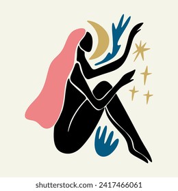 Sacred woman in Matisse style, meditating magic Reiki silhouette drawing, Bali moon wild young girl moon child.