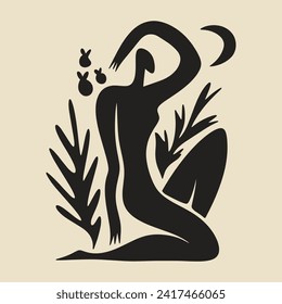 Sacred woman in Matisse style, meditating magic Reiki silhouette drawing, Bali moon wild young girl moon child.