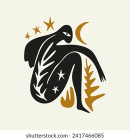 Sacred woman in Matisse style, meditating magic Reiki silhouette drawing, Bali moon wild young girl moon child.