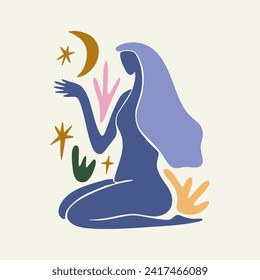 Sacred woman in Matisse style, meditating magic Reiki silhouette drawing, Bali moon wild young girl moon child.