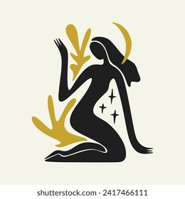 Sacred woman in Matisse style, meditating magic Reiki silhouette drawing, Bali moon wild young girl moon child.
