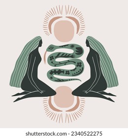 Sacred woman meditating magic Reiki silhouette drawing, Bali wild young girls and jungle elements.