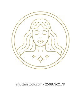 Sacred woman with stars portrait in circle frame minimal golden line art icon vector illustration. Mythology fantasy dream goddess female monochrome insignia for beauty salon skin care brand