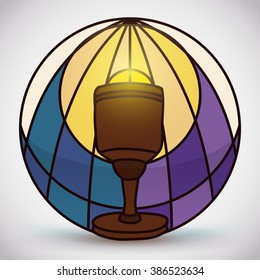 Sacred wooden chalice with aureole in stained glass style with symbolic blue water in left and purple color at the right for whine.