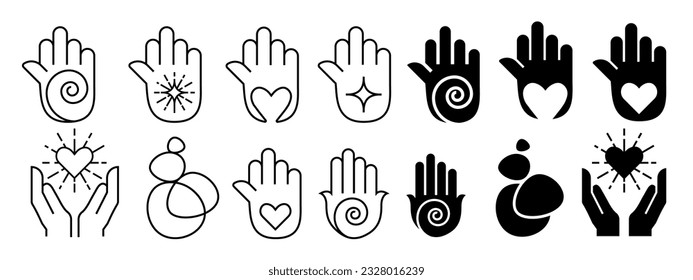 Sacred zen hand palm icon set collection. Vector symbol or mark of peach, love, donate, hand made, clean inner self. Faithful spirit mindfulness, humanity sign. Meditation or spa, charity icon black