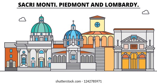 Sacri Monti. Piedmont And Lombardy line travel landmark, skyline, vector design. Sacri Monti. Piedmont And Lombardy linear illustration. 