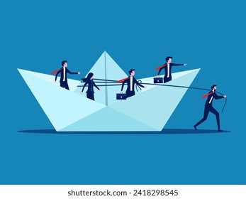 Sacrifice more than others on the business team. Businessman dragging a big paper boat with coworkers 