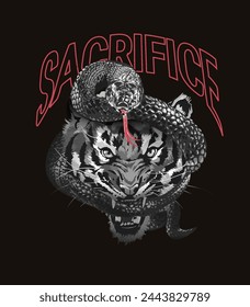 sacrifice slogan with tiger and snake graphic hand drawn vector illustration on black background