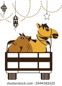 Sacrificial Animal Transporting to slaughter house concept, Bull and Camel Sitting back seat vector design, Eid al Adha or Eid ul Kabir Symbol, Hajj Sign Muslims religious eve Stock illustration