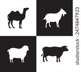 Sacrificial animals vector illustration of camel, goat sheep and cow.