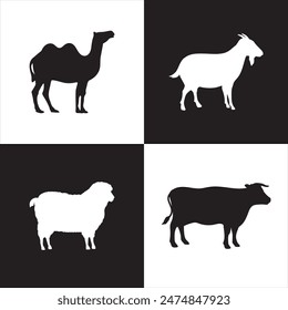 Sacrificial animals vector illustration of camel, goat sheep and cow.