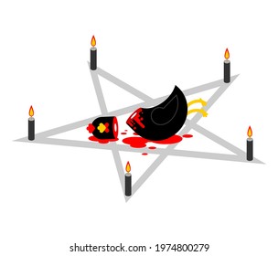 Sacrificial chicken and pentagram. Black Rooster sacrificed. Rite of dark magic sorcery