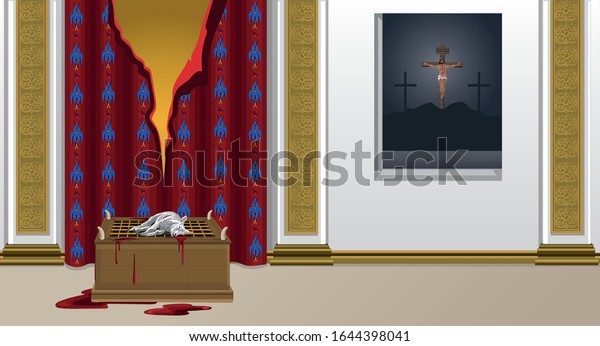 Sacrificial Lamb In\
Front Of Torn Veil In Temple At The Same Time As Jesus Christ Is\
Crucified On Cross\
Vector