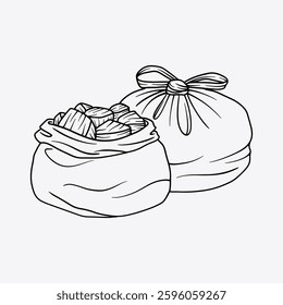 Sacrificial meat in large black plastic during Eid alAdha. Thin line illustration.