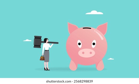 sacrificing emergency savings or retirement funds, bankruptcy, economic recession, financial fall down, running out of business capital, businesswoman with hammer thinking to break piggy bank