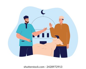 Sacrificing a goat during Eid al-Adha at the nearest mosque, Muslim vector illustration.