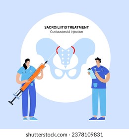 Sacroiliitis disease, corticosteroid injections, diagnosis and treatments in clinic. Inflamed sacroiliac joints. Pain in lower spine and pelvis inflammatory connection medical vector illustration