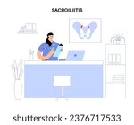 Sacroiliitis disease, diagnosis and treatments in clinic. Inflamed sacroiliac joints. Doctor chiropractor. Lower spine and pelvis inflammatory connection. Pain in lower back flat vector illustration