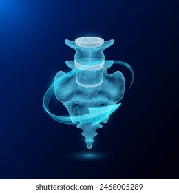 Sacrum bone human organ anatomy in form style polygon low poly surrounded by arrows glowing on dark blue background. Used for design medical science advertisements. Vector EPS10 illustration.