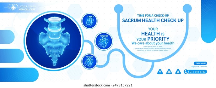 Sacrum bone human in stethoscope frame. Medical health care check up. Magnifying glass examining organ icon. Template design background banner for medical ads social media editable. Vector.
