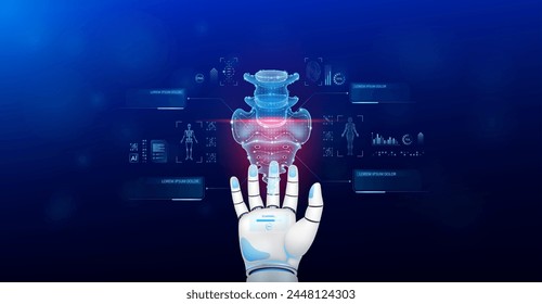 Sacrum bone scanning robot doctor diagnose disease on hand. Screen digital interface of system MRI scan human body organ DNA analysis. Future health care innovation. Science medical technology. Vector