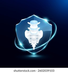 Sacrum in translucent glass shield modern. Surrounded by glowing ring safety guardian. Human anatomy organ on blue background. Medical health care immunity and protection concept. Vector EPS10.