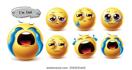 Triste conjunto de caracteres de vetor emoji 3d. Emojis com infelicidade, tristeza, sob, decepcionado, chorando e tristeza expressão facial caracteres emoticon amarelos em fundo branco. Ilustração de vetor emojis tristes 