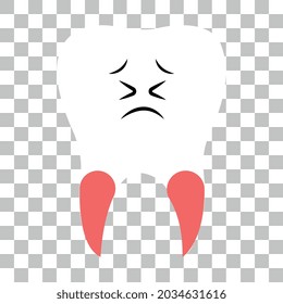 Sad aching tooth - vector illustration. Tooth with diseased roots and a sad smiley face.