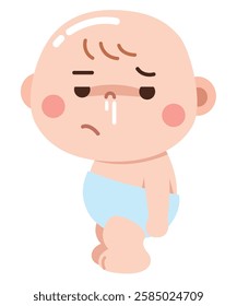 A sad and adorable cartoon illustration of a baby in a diaper with a runny nose and a tired expression, looking unwell.