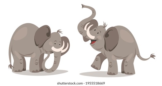 a sad adult elephant with large tusks stands in full growth, cheerful one raised its trunk and smiles.