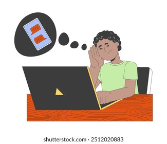 Sad african american boy doing homework 2D cartoon character. Little student dreaming about texting at laptop isolated person flat vector on white background. Spot illustration colorful