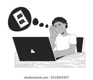 Sad african american boy doing homework black and white 2D line character. Little student dreaming about texting at laptop solated vector outline person. Monochromatic spot illustration