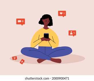 Sad African American female character using mobile phone, checking social media, waiting for like, comment. Influencer, social media side effects concept. Vector illustration cartoon flat style