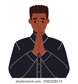 Sad african american man in black office shirt folding his hands in a prayer gesture and asking for forgiveness