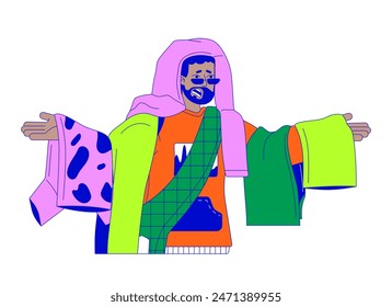 Triste hombre afroamericano cubierto con la pila de la ropa 2D lineal personaje de dibujos animados. Moda adicto hombre negro aislado línea de Vector persona de fondo blanco. Ilustración de mancha plana de color de sobreconsumo