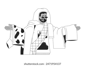 Triste hombre afroamericano con el traje montón de negro y blanco 2D línea personaje de dibujos animados. Hombre negro adicto a la moda aislado perfil de Vector persona. Ilustración de punto plano monocromático de consumo excesivo