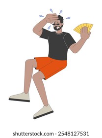 Sad african american man suffering from overheating 2D cartoon character. Black male waving hand fan on hot day isolated person flat vector on white background. Spot illustration colorful