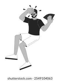 Sad african american man suffering from overheating black and white 2D line character. Black male waving hand fan on hot day isolated vector outline person. Monochromatic spot illustration